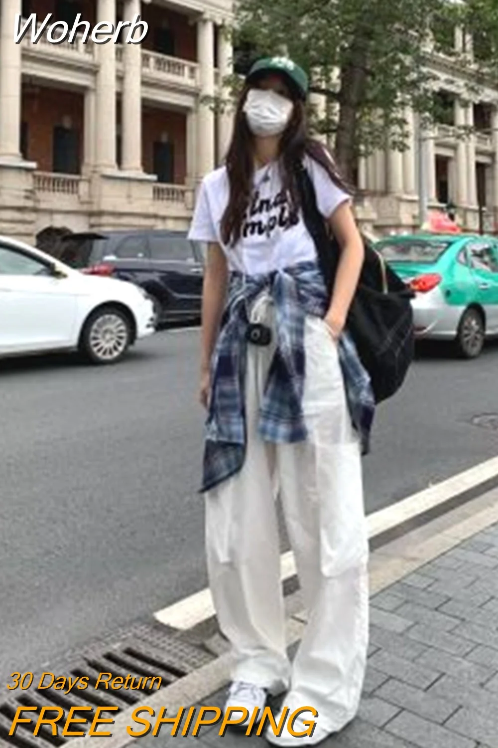 Woherb Streetwear Cargo Pants Women Korean Version Casual Solid Baggy Straight Trousers Female Fashion Wide Leg Oversize Sweatpants-Outfit Ideas