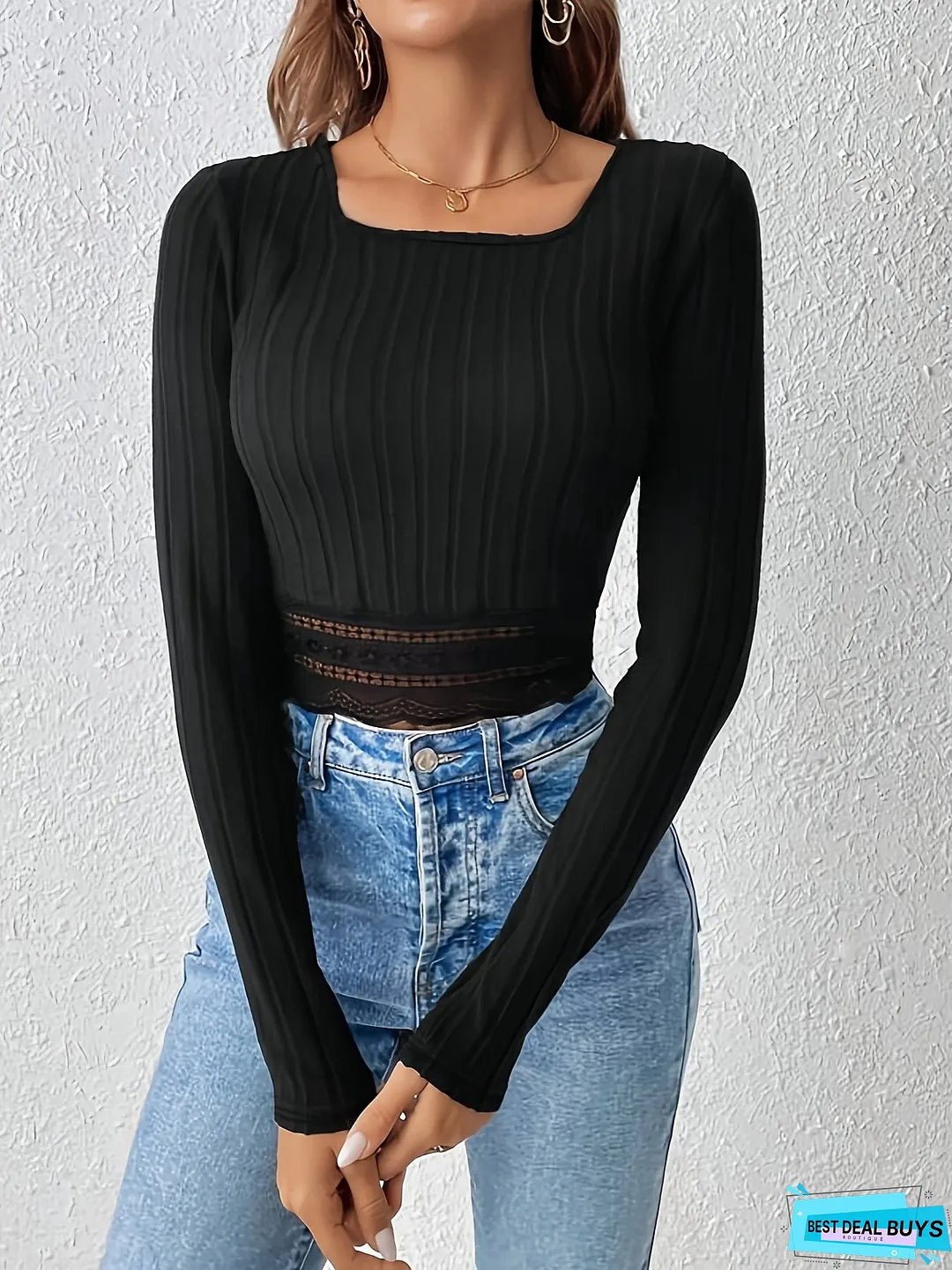 Contrast Lace Square Neck T-Shirt, Casual Long Sleeve Ribbed Top For Spring & Fall, Women's Clothing