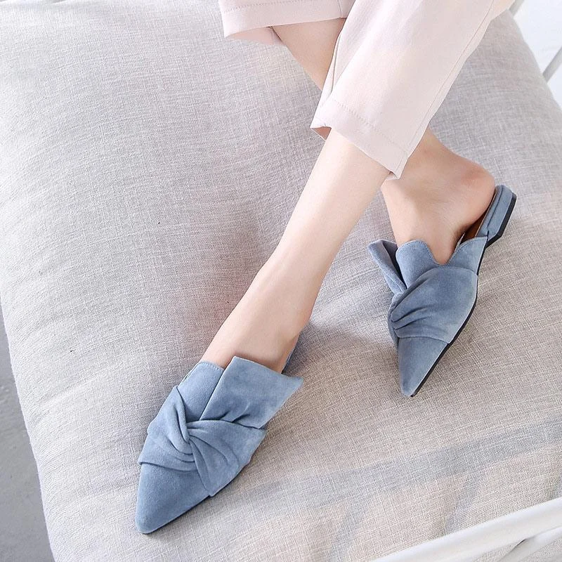 Women Flock Bowtie Mules Low Heels Sandal Shoes Pointed Toe Elegant Sandals