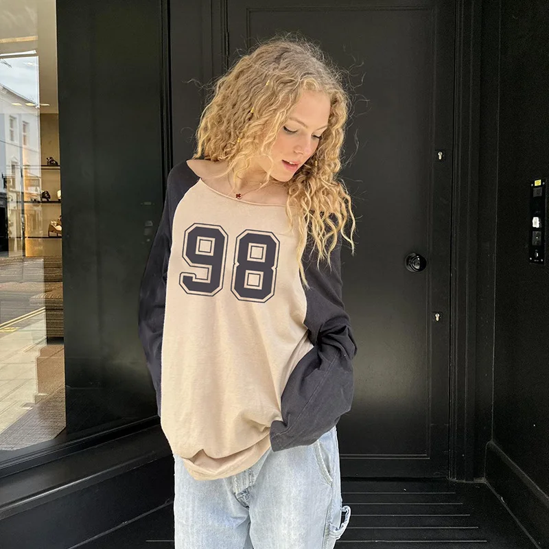 Toloer Toloer Style Patchwork Color Digital Print Long-Sleeved T-Shirt Loose Shoulder And Thin Top-Outfit Ideas