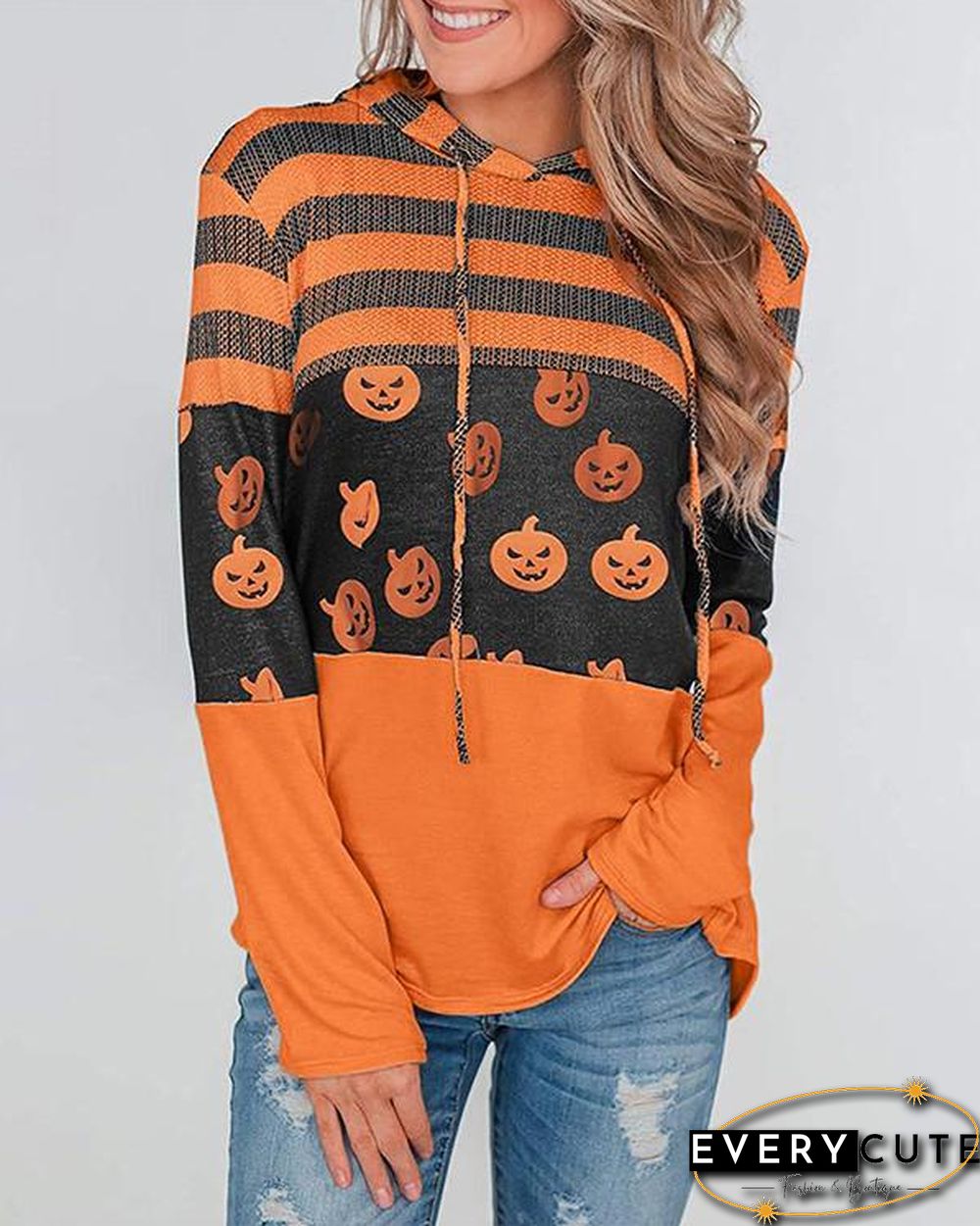 Pumpkin Print Color Block Splicing Drawstring Hoodies