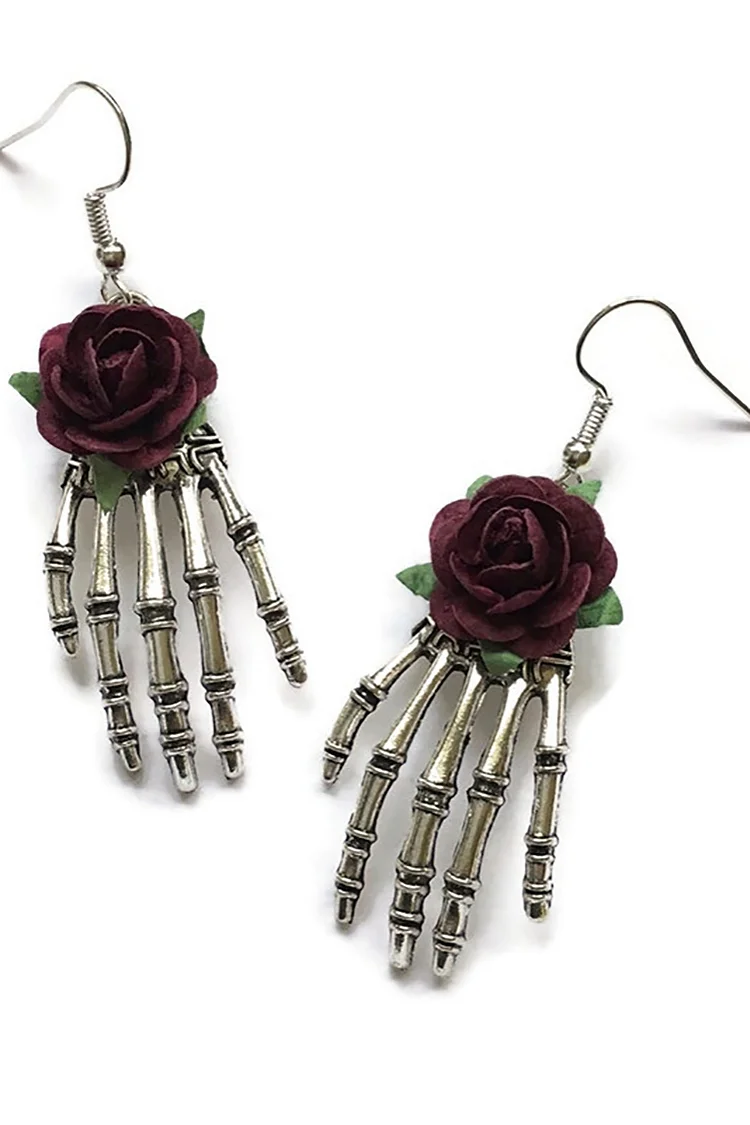 Halloween Gothic Skull Hand Red Rose Handmade Earrings 2024 - Xpluswear