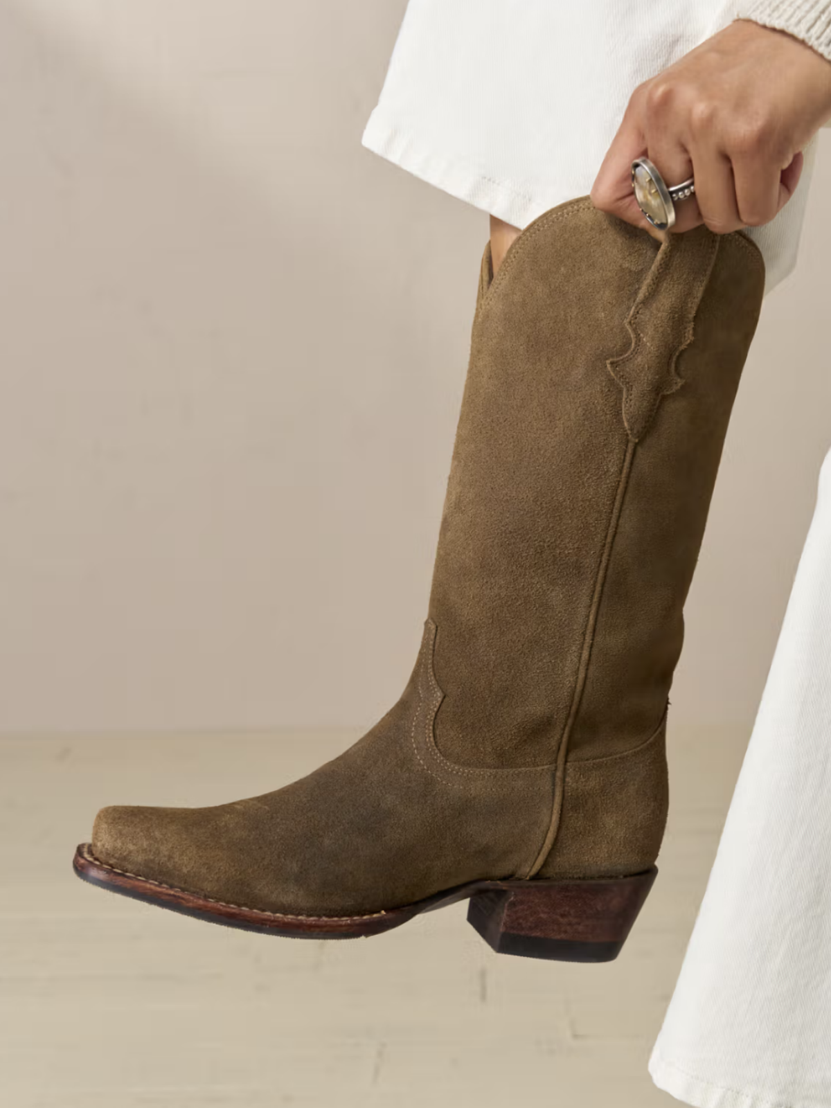 Taafo Taupe Faux Suede Square-Toe Western Wide Mid Calf Cowgirl Boots