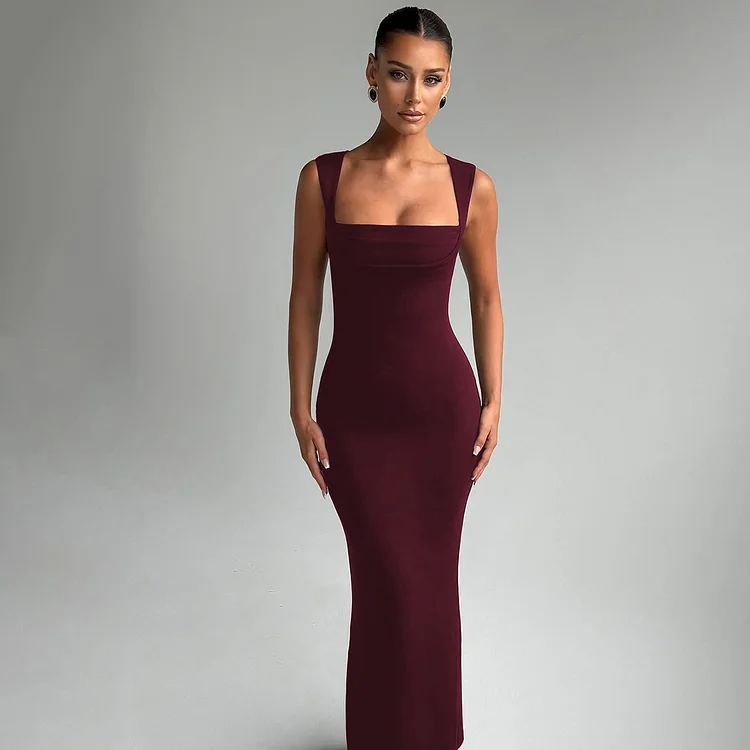 Square Collar Sleeveless Solid Color Slim Fit Dress