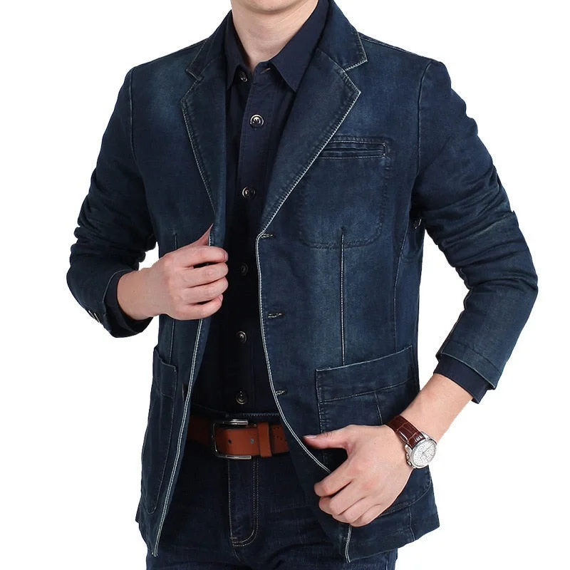 Inongge 4XL Mens Denim Blazer Men Fashion Cotton Vintage Suit Outerwear Male Blue Coat Denim Jacket Men Slim Fit Jeans Blazers