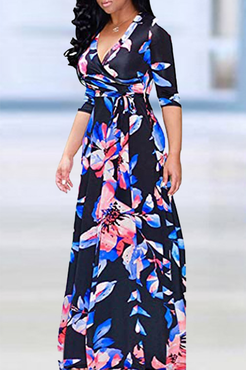 Casual Print Split Joint V Neck Straight Dresses