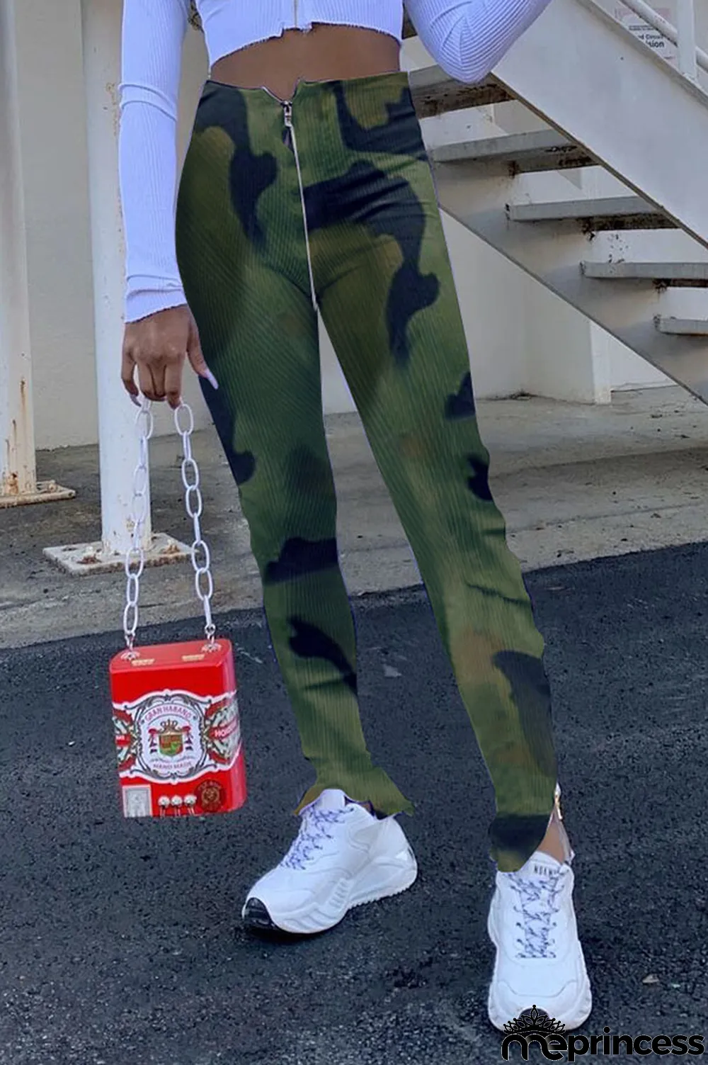 Red Polyester Zipper Fly High Print pencil Pants Bottoms