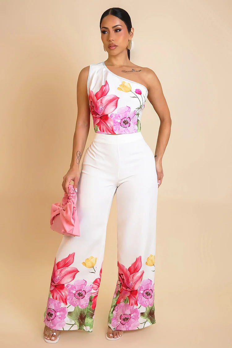 Floral Print One Shoulder Sleeveless Top Wide Leg Pants 2pcs Set-Pink