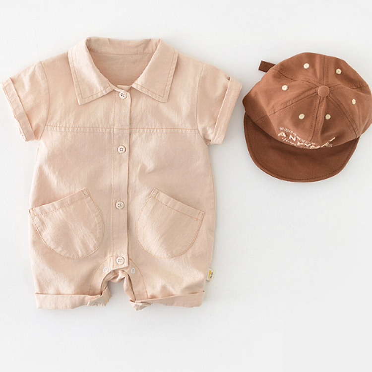 Baby Boy/Girl Polo Collar Solid Front Pocket Short Sleeve Casual Romper