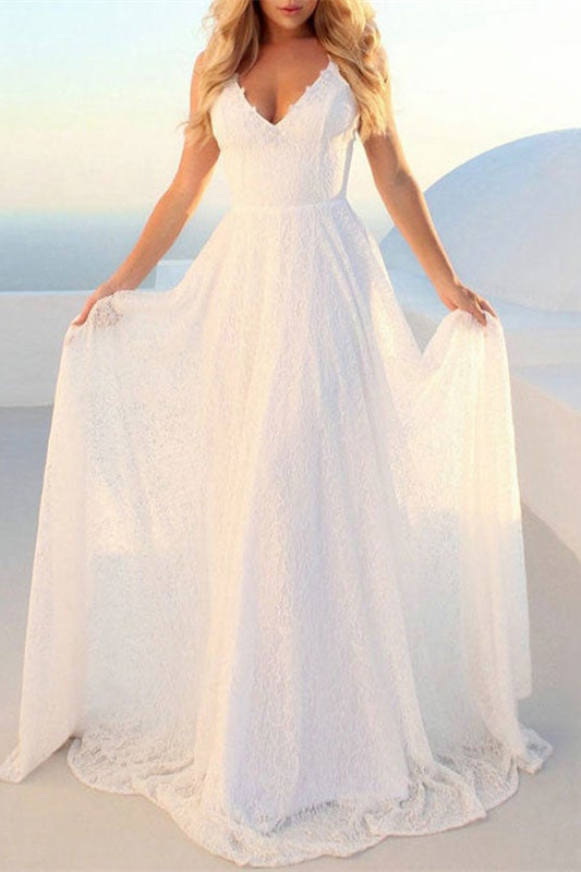 Lace Beach Wedding Dress Modern V-Neck