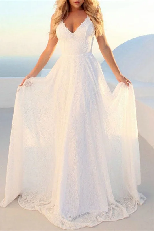 Lace Beach Wedding Dress Modern V-Neck