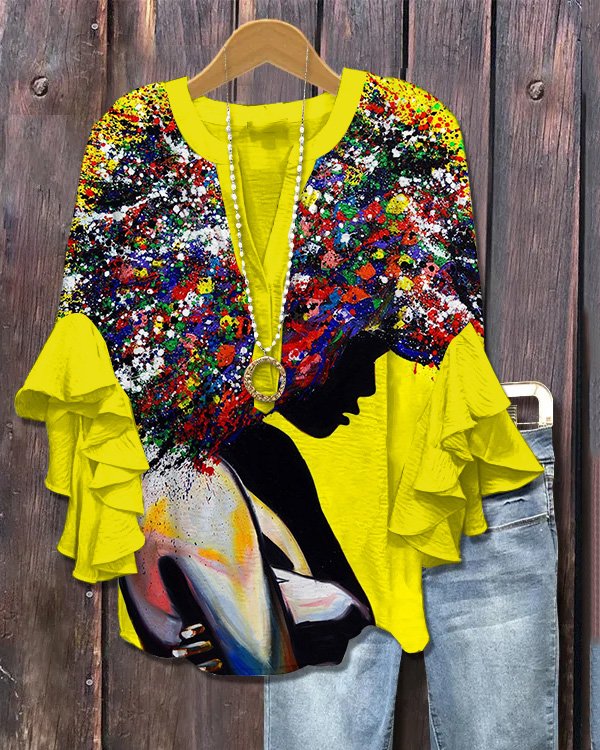 Watercolor Afro Girl V-neck Lace Sleeves Blouses