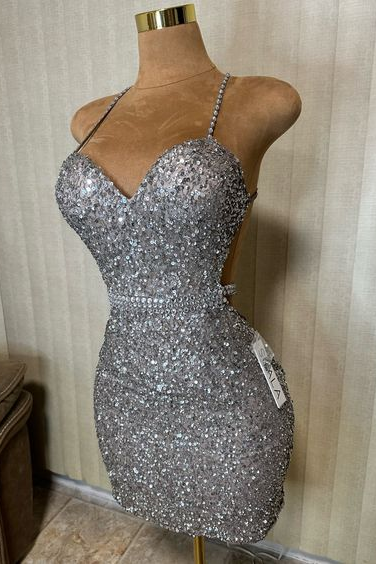 Glamorous Silver Sequins Sleeveless Spaghtti Strap Homecoming Dress with Beadings