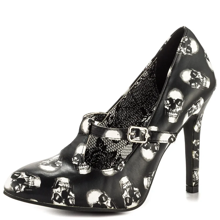 Black and White Skull Floral Heels Stiletto Heels TStrap Pumps |FSJ Shoes