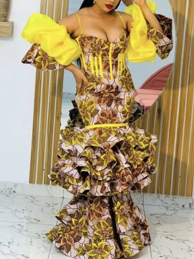 Off-The-Shoulder Floral Printed Falbala Split-Joint Empire Maxi Dress