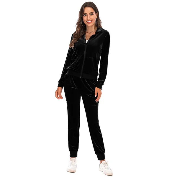 Women Sports Tracksuit Relaxed Zip Up Hoody And Jogger In Velvet Super Soft Stretch Velour Lounge Jacket Top And Bottom Set