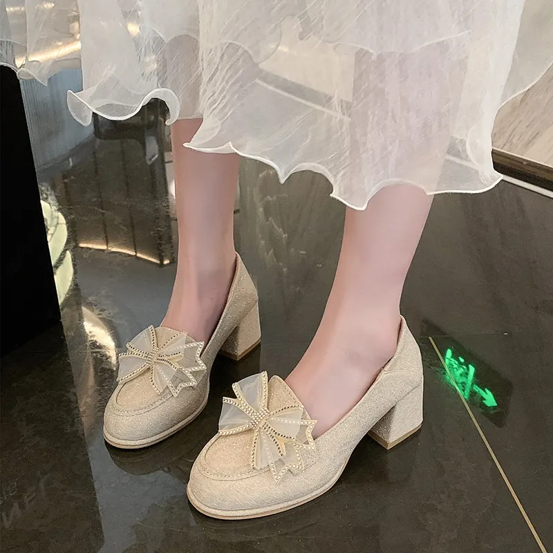Churchf Mary Jane Small Leather Shoes Women's 2025 New Spring Loafers Bow Fashion Women's Medium Heel Heel