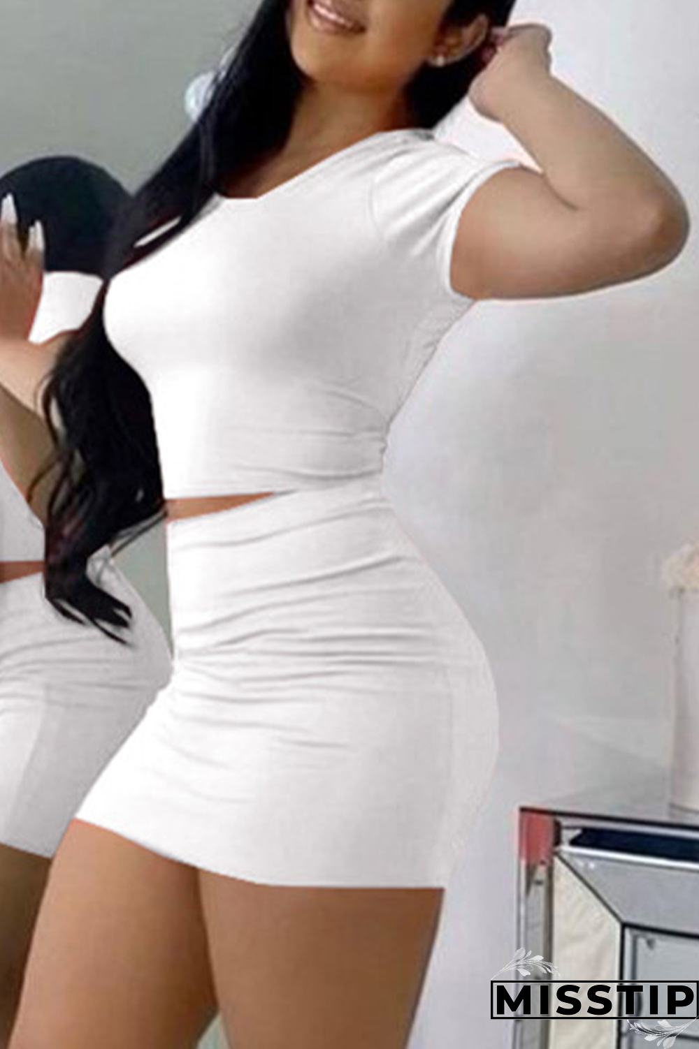 Pink Sexy Solid Backless O Neck Short Sleeve Two Pieces