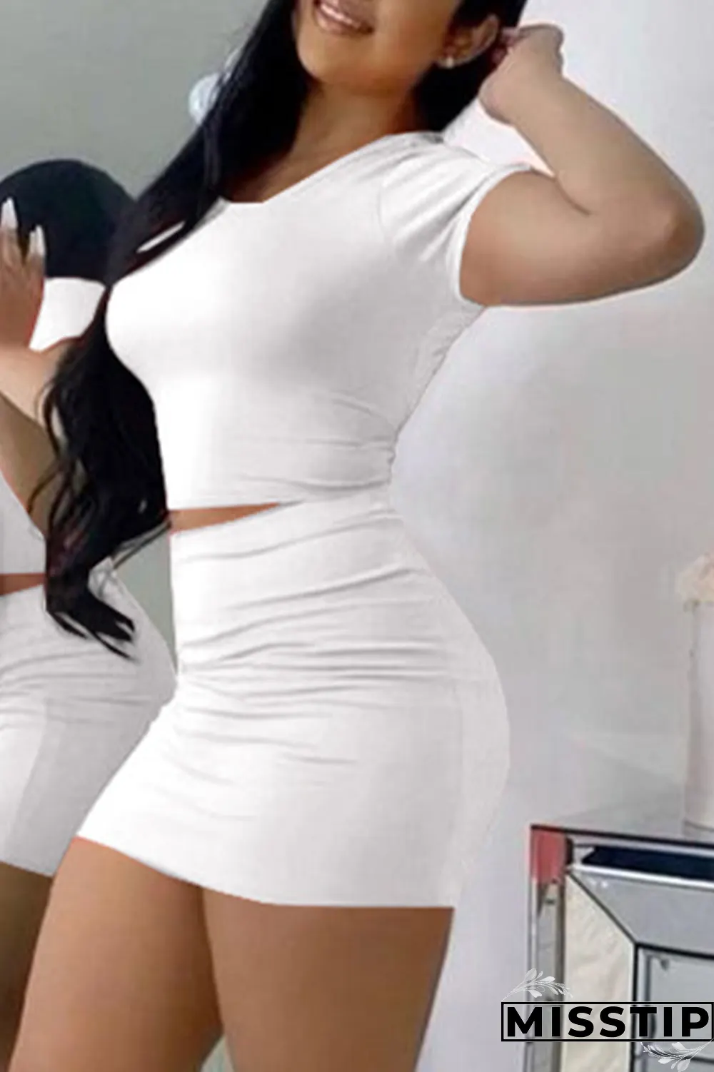 Pink Sexy Solid Backless O Neck Short Sleeve Two Pieces