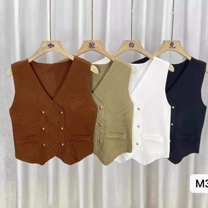 Uveng Uveng Style V Collar Knitted Shirt Vest Vest Women's Spring Shirt Folded Through The Cane Outside With Sleeveless Horse Clip Top