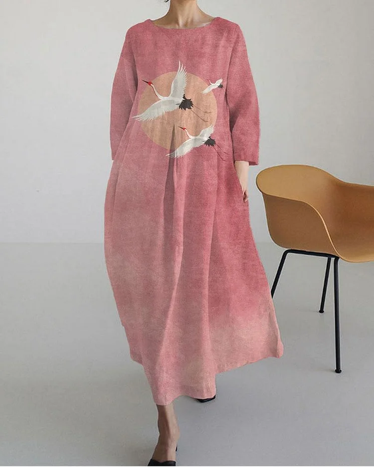 Pink Flying Cranes Sun Art Print Linen Blend Midi Dress