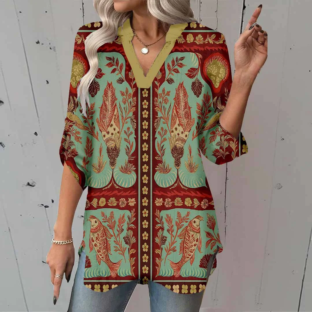 Women Tropical, Red, Green DZGA0083 3/4 Sleeve V-neck Printed Graphic Button Tops