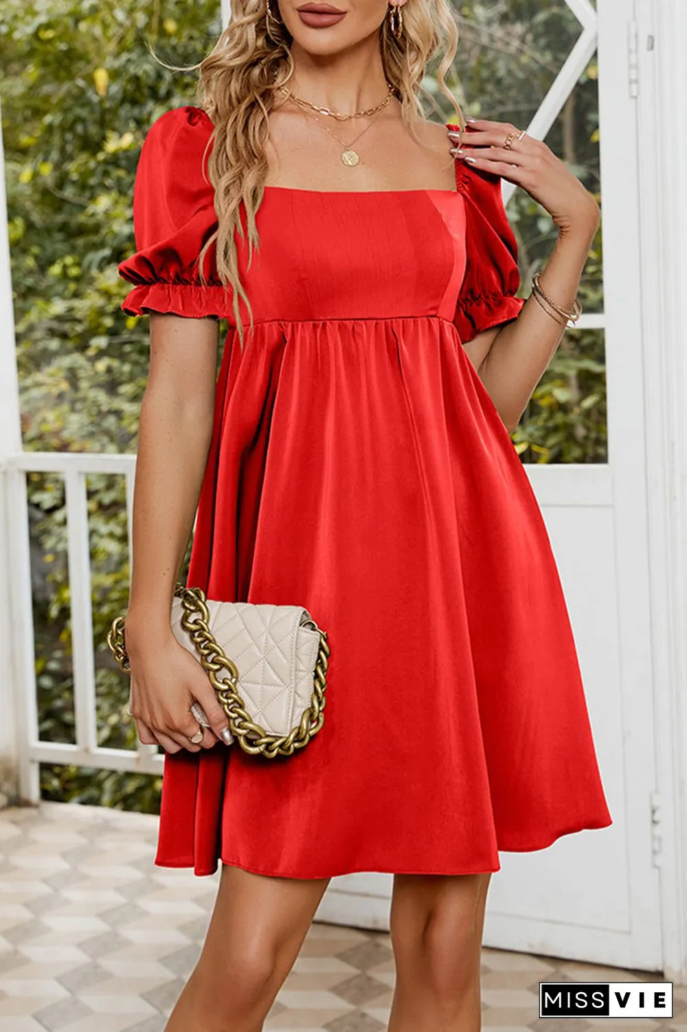 Sweet Elegant Solid Fold Square Collar A Line Dresses