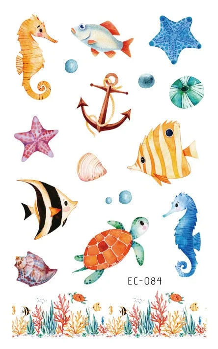 24 kinds Temporary Tattoo Stickers for Kids Cute Cartoon Tropical Fish Marine faux tatouage temporaire Disposable Children Gift