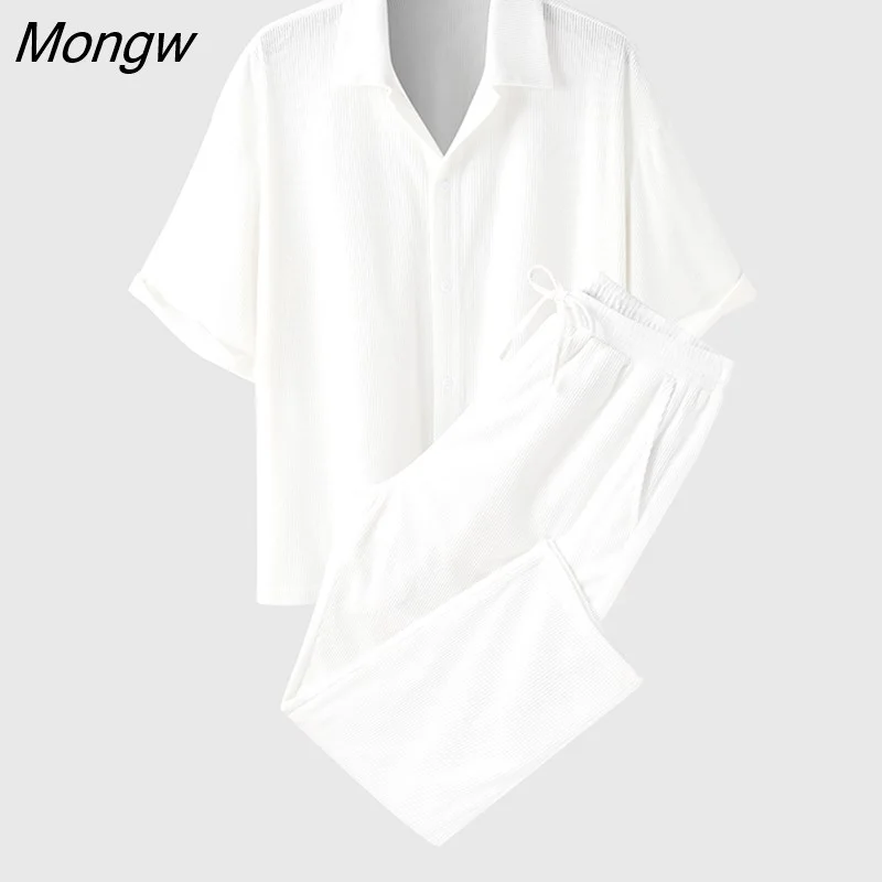 Mongw 2023 Men Sets Solid Color Loose Streetwear Lapel Short Sleeve Shirt & Pants 2PCS Stylish Korean Men Casual Suits S-5XL