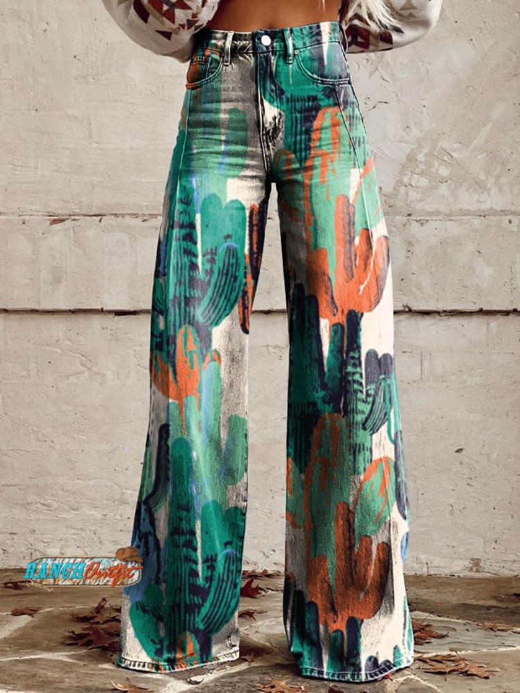 Women’s Color Cactus Print Casual Wide Leg Pants Multicolor / S