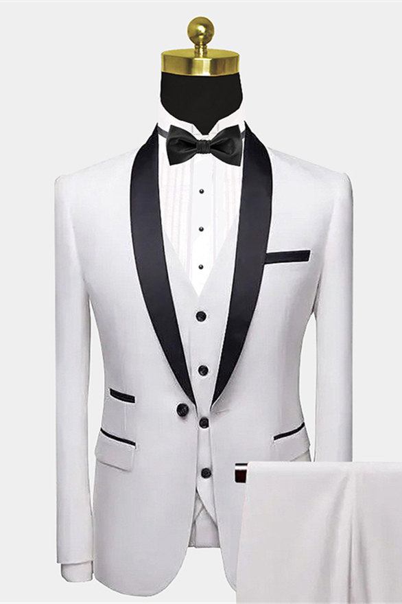 Bellasprom White Wedding Tuxedos with Black Satin Shawl Lapel and Pocket Edge - Will Bellasprom