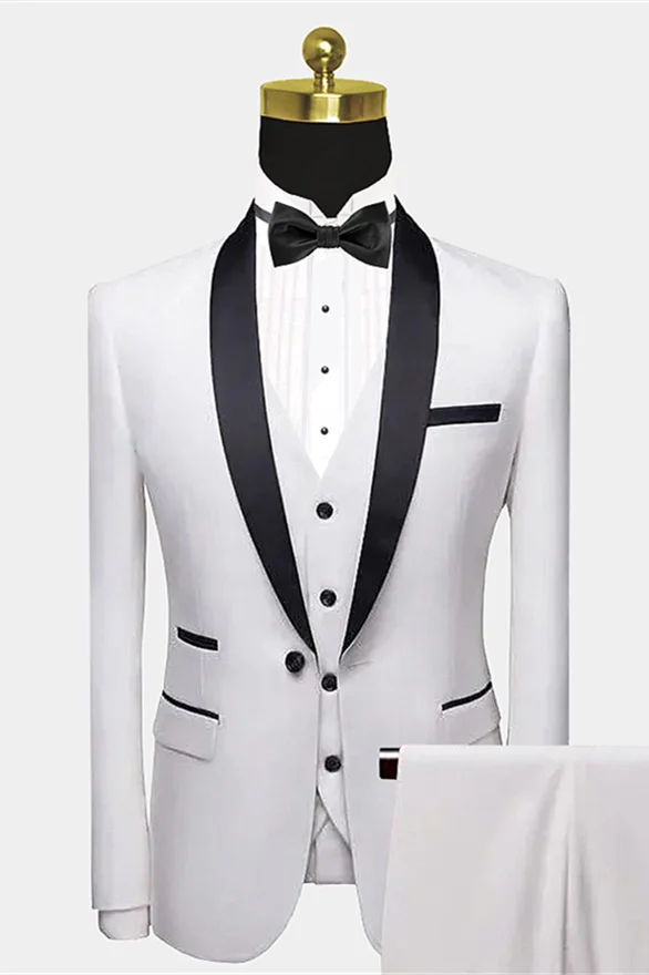 Bellasprom White Wedding Tuxedos with Black Satin Shawl Lapel and Pocket Edge - Will