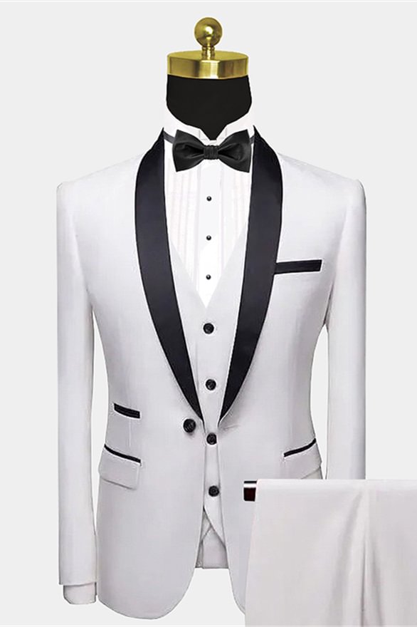 Modern White Black Satin Wedding Tuxedos With Shawl Lapel and Pocket Edge | Ballbellas Ballbellas