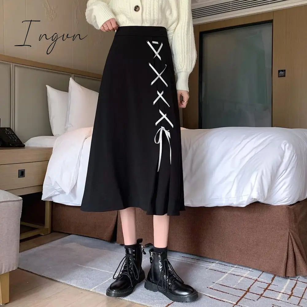Ingvn - Spring/Autumn Women Skirts High Waist Student Korean Style Dark Vintage Ruffle Long A-Line