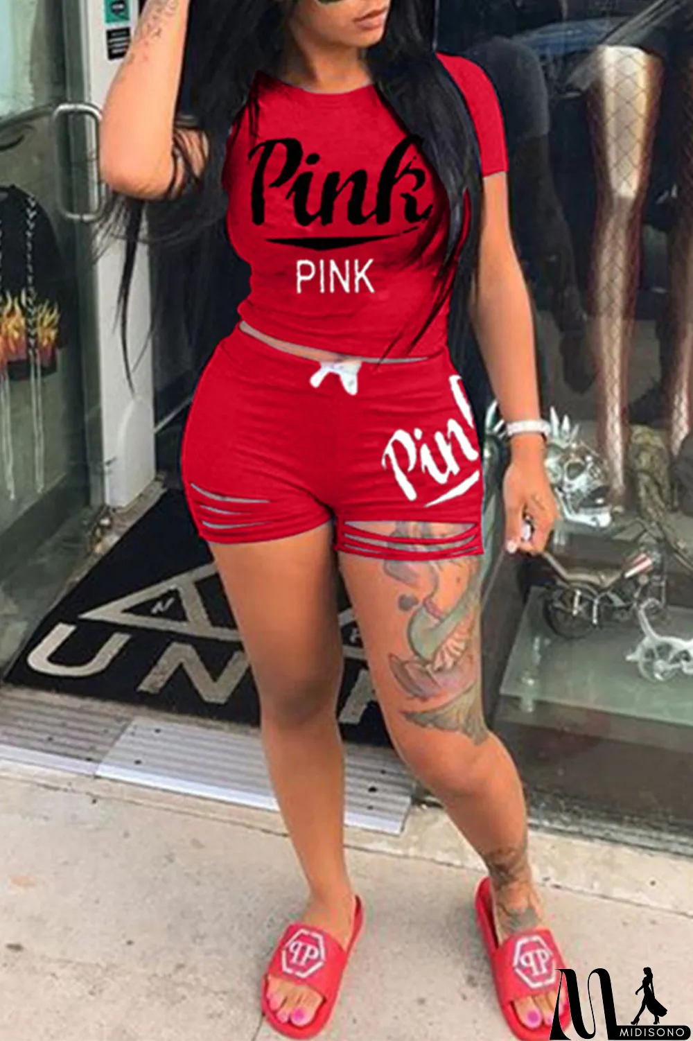 MidiSono - Pink Fashion Casual Letter Print Ripped O Neck Short Sleeve Two Pieces