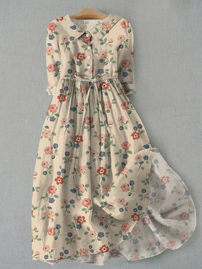 Women's Vintage Floral Design Printed Lace-Up Dress