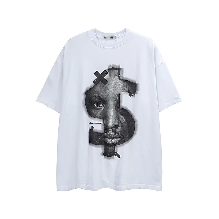 Hip-Hop Portrait Print Short-Sleeved T-Shirt Street Retro Loose Cotton T-Shirt at Hiphopee