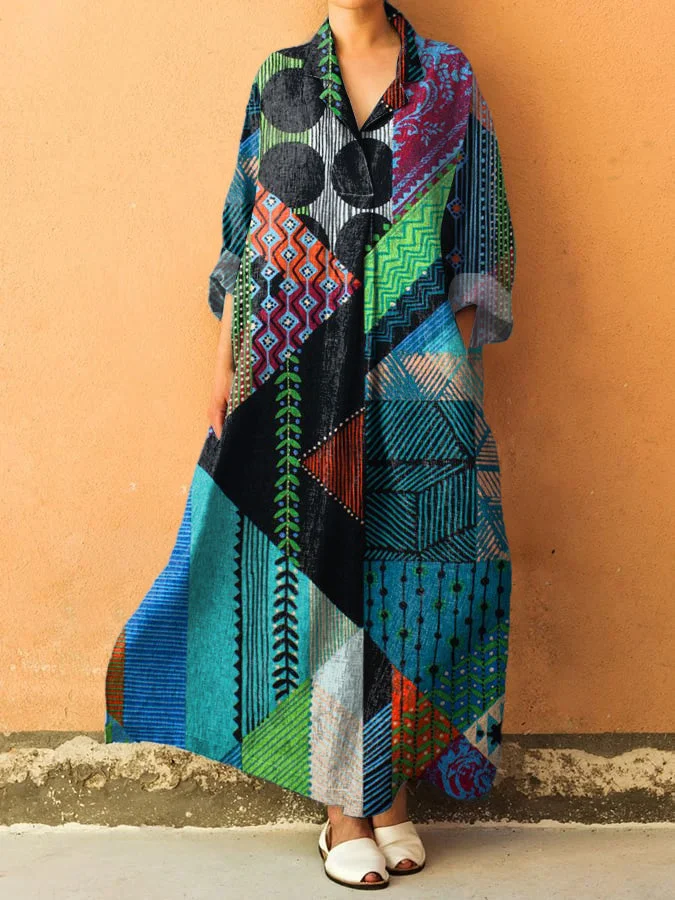 Vibrant Geometric Pattern Printed Women's V-Neck Pocket Cotton Dress