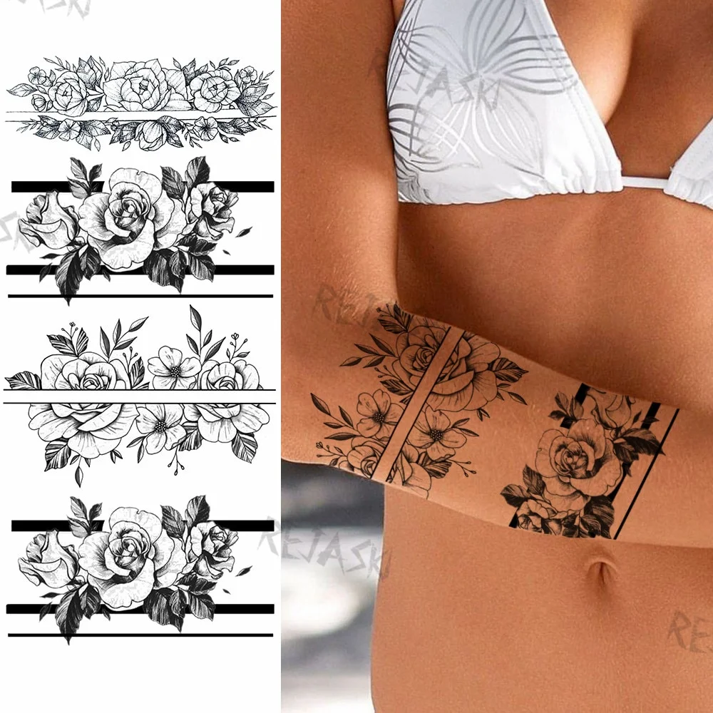 Sdrawing Rose Jewelry Water Transfer Tattoo Stickers Women Body Chest Art Temporary Tattoo Girl Waist Bracelet Flash Tatoos Flower
