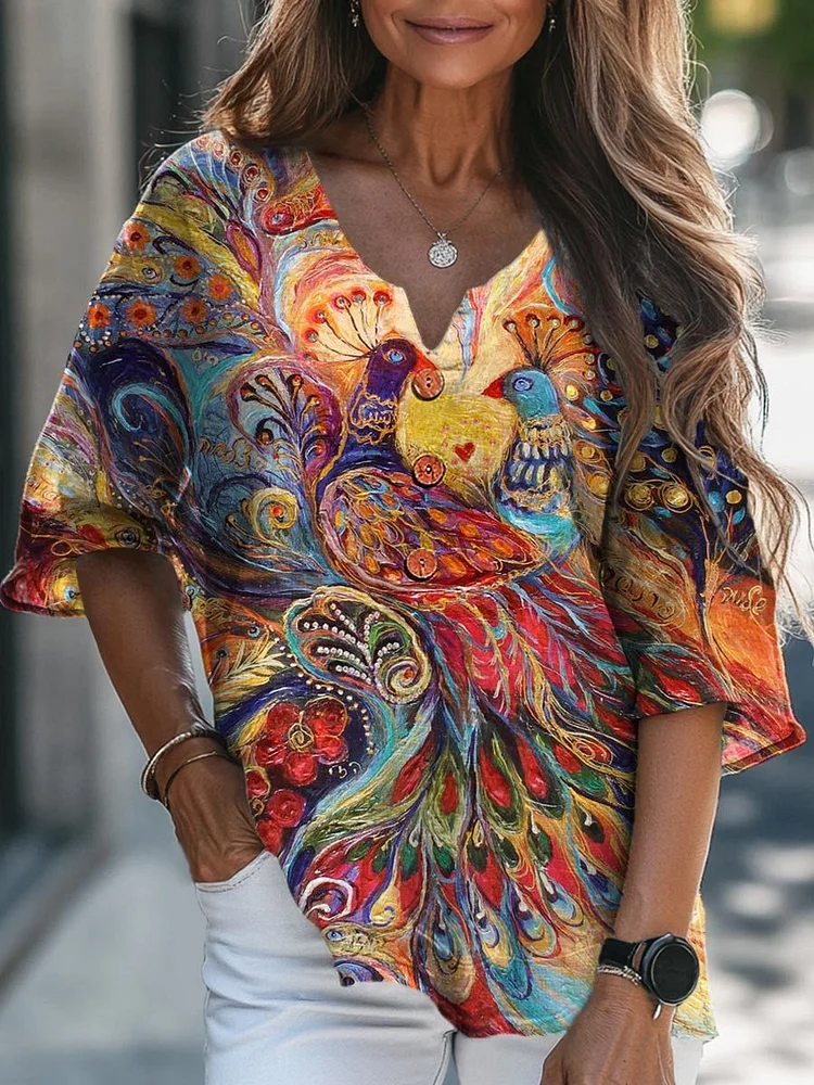 Women's Vintage Lovely Phoenix Art Print Casual Cotton Linen V-neck Shirt