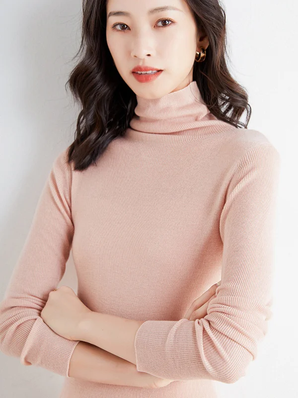 Simple Skinny Long Sleeves Solid Color High-Neck Sweater Tops Pullovers