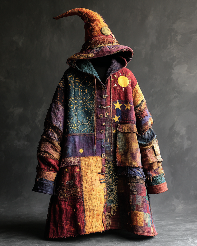 Men's star and moon embroidered patchwork coat 438b