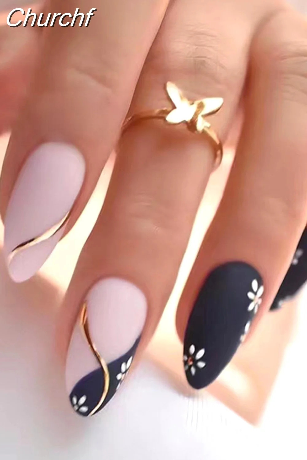 Churchf Short Almond Black Flower False Nail Finished Nail Patches French Stiletto Fake Nails Full Cover Nail Tips Press On Nail-Nail Inspo