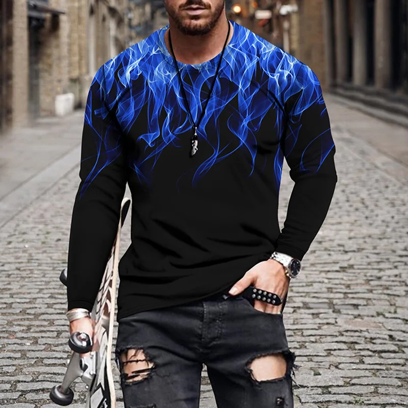 Flame Fire Print Casual Long Sleeve T-Shirts for Men-VESSFUL