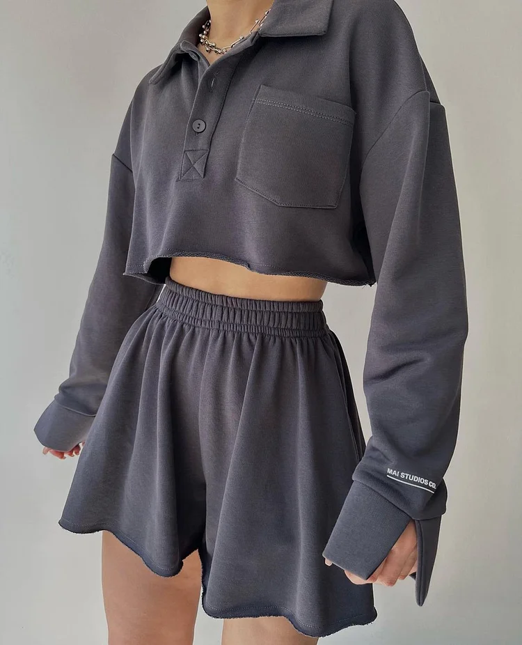 Solid Color Long Sleeve Short Casual Top Drawstring Shorts Set at Hiphopee