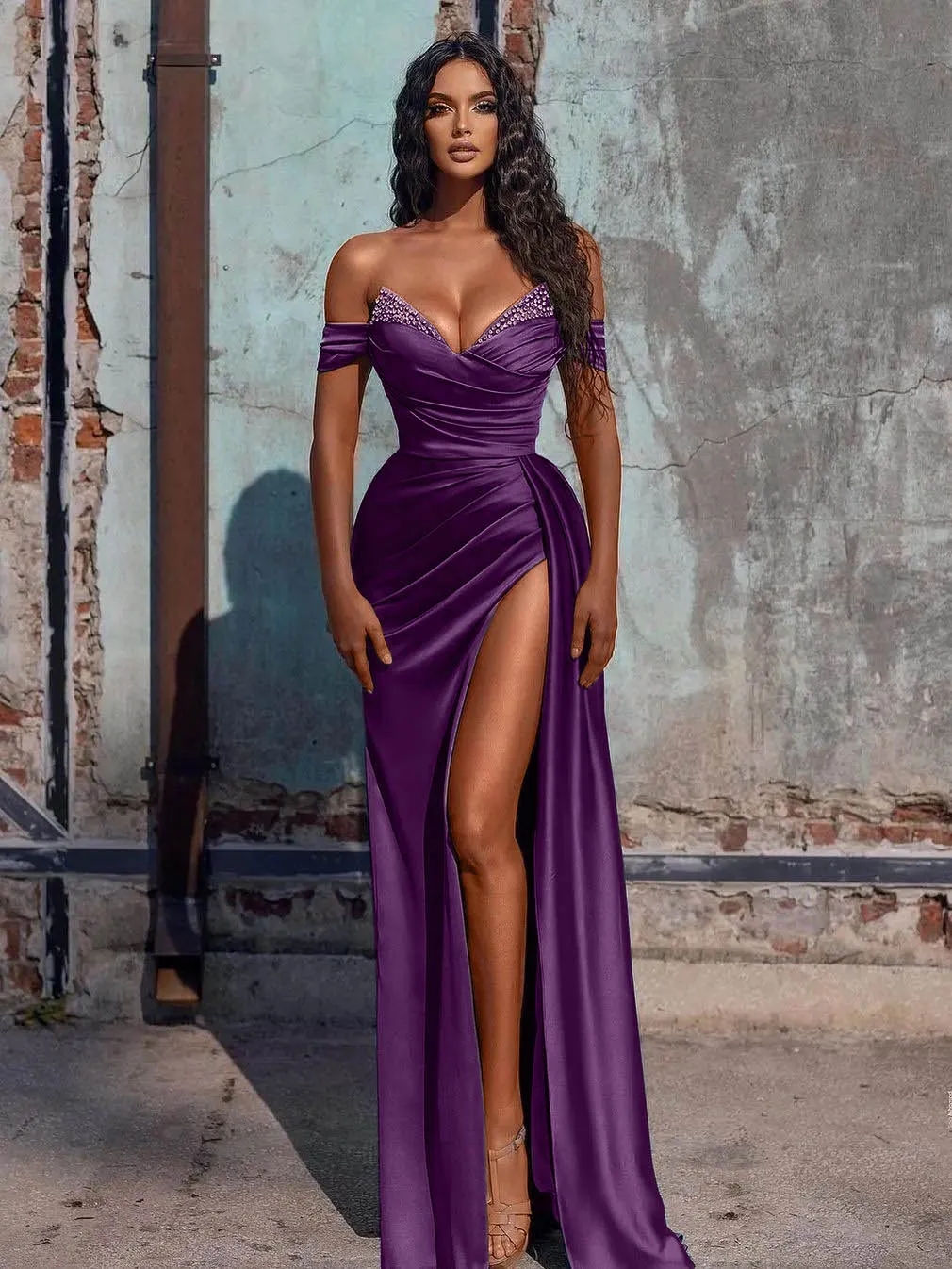 14166 Plum Off-Shoulder Slit Mermaid Dress