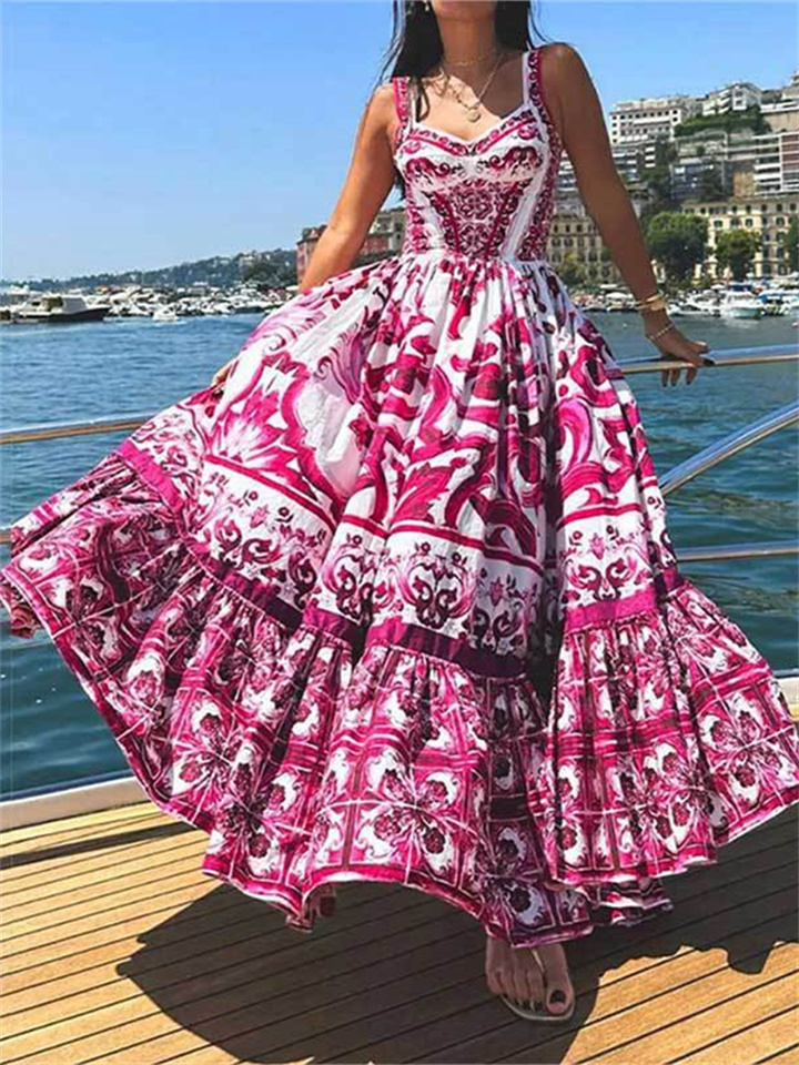 Women's New Bohemian Wind in The Middle of The Long Section of The Large Swing Printed Halter Dresses