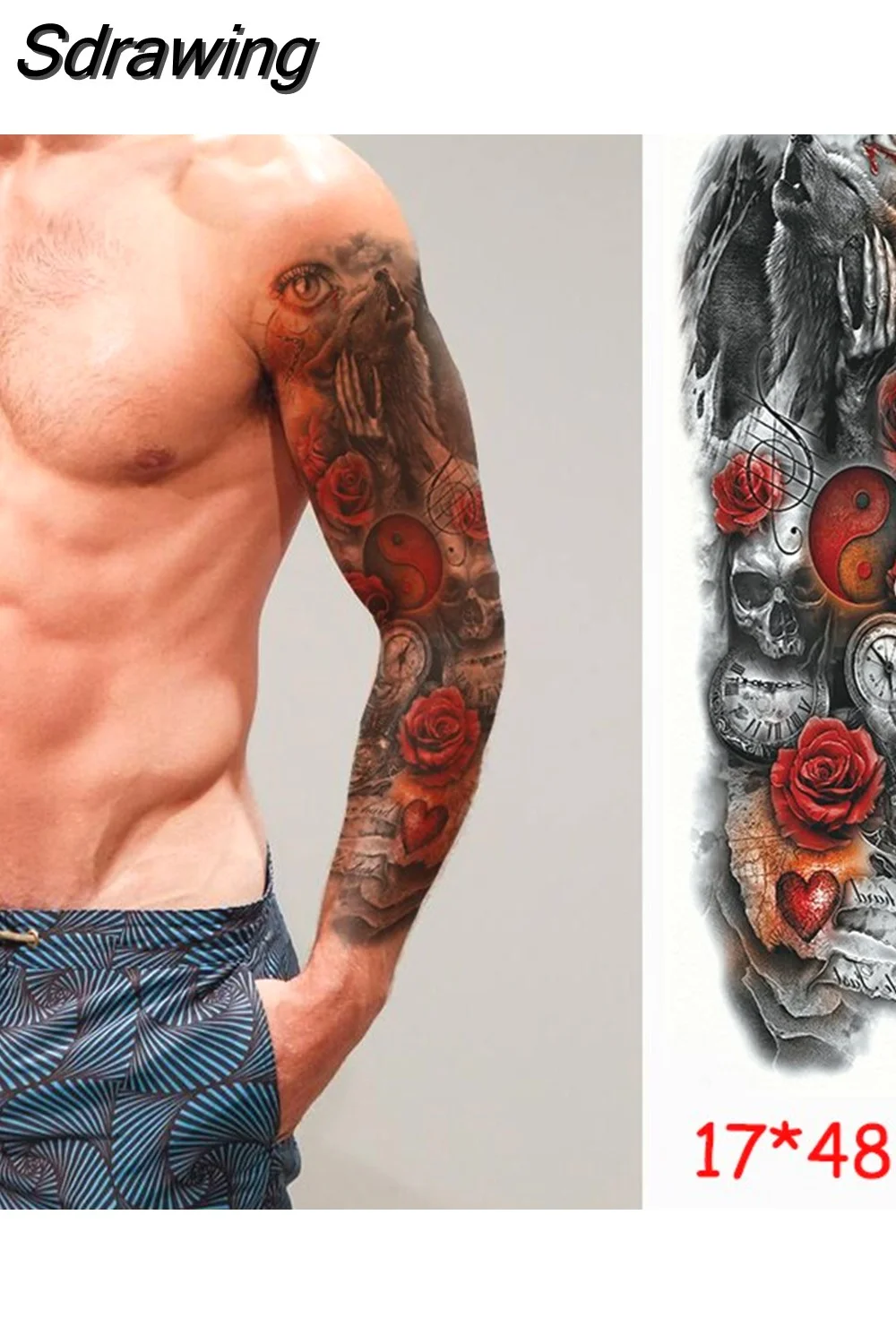 Sdrawing temporary tattoo sticker full arm lion king angel warrior lightning tree flower fake tatto flash tatoo to man woman 430-1