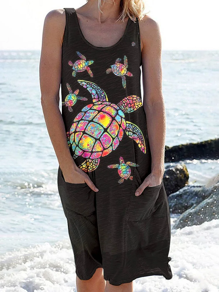 Women's Beach Holiday Colorful Turtle Art  Pattern Casual Stylish Dress