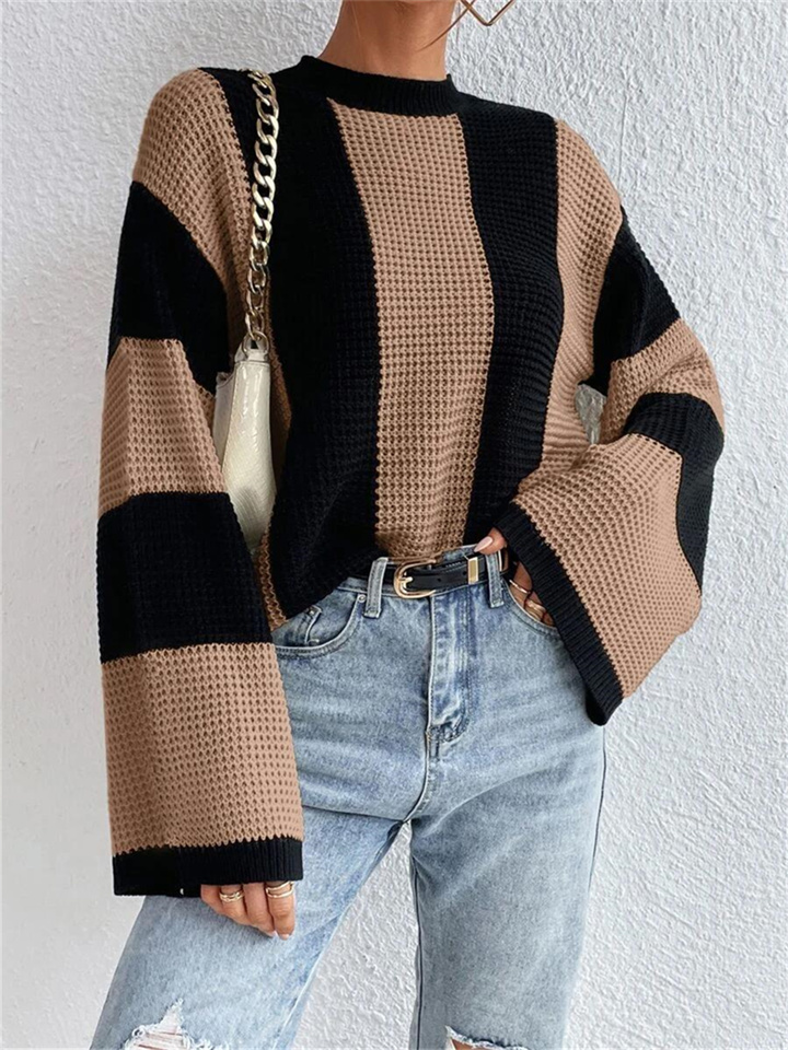 Spring and Autumn Dressy Knit Sweater Top Round Neck Striped Design Niche Sweater Women's Clothing